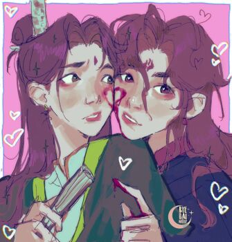 2boys ahoge artist_name bindi black_hanfu blood blood_on_hands blue_border border brown_hair byebainight cheek-to-cheek chinese_clothes chinese_hairpin curtained_hair earrings furrowed_brow green_hanfu hair_bun half_updo hand_fan hand_up hanfu head_on_another's_shoulder heads_together heart heart_ahoge heart_in_eye highres holding holding_fan jewelry long_hair looking_at_another looking_at_viewer luo_binghe male_focus messy_hair multiple_boys outside_border parted_bangs parted_lips pink_background pink_lips portrait raised_eyebrow red_eyes renzha_fanpai_zijiu_xitong shen_qingqiu single_hair_bun sparkle symbol_in_eye white_border yaoi zuiyin