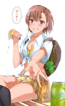 Rule 34 | 1girl, asymmetrical bangs, bag, bag charm, belt, black socks, bra, bra peek, breasts, brown eyes, brown hair, brown skirt, can, charm (object), collared shirt, commentary, crepe, crossed bangs, crossed legs, food, food on thigh, gekota, gyaru, gyaru v, hair between eyes, hair ornament, hairpin, highres, holding, holding crepe, holding food, kneehighs, midriff, misaka mikoto, on bench, parted lips, plaid clothes, plaid skirt, school bag, shirt, short hair, shorts, shorts under skirt, sioo 1029, sitting, skirt, small breasts, smile, socks, solo, speech bubble, sticker, sticker on face, tied shirt, toaru kagaku no railgun, toaru majutsu no index, translated, underwear, v, white background, white shirt, yellow bra