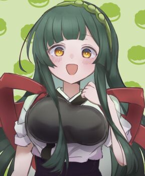 1girl :d arazan_(ara_arazan24) blunt_bangs blush food-themed_background gradient_clothes gradient_kimono green_background green_hair green_hairband hairband hand_up japanese_clothes kimono long_hair looking_at_viewer muneate obi open_mouth purple_sash sash smile solo tasuki touhoku_zunko upper_body variant_set voiceroid white_kimono yellow_eyes zunda_mochi