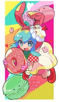 +_+ 1girl :d animal_ears animal_hat animated animated_gif artist_name bemani blinking bloomers blue_eyes blue_hair border cake cake_hat closed_mouth colorful_background dated dessert donut dress fake_animal_ears food frilled_gloves frills gloves hat heart holding holding_donut holding_food kokokashira_(koko_ni_iru) looking_at_food looping_animation macaron minit's open_mouth outside_border pink_bloomers pink_gloves pink_hat polka_dot_sleeves pop'n_music puffy_short_sleeves puffy_sleeves rabbit_ears rabbit_hat red_shoes red_sleeves shoes short_hair short_sleeves smile solo sweets underwear watermark white_border white_dress