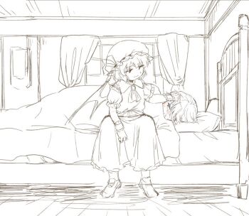 2girls ascot bat_wings bed blush brooch closed_mouth collared_shirt commentary_request curtains frilled_shirt_collar frills greyscale hat hat_ribbon head_on_pillow headpat hijiki_(hijiri_st) indoors izayoi_sakuya jewelry lying mob_cap monochrome multiple_girls on_bed on_side pillow remilia_scarlet ribbon shirt shoes sitting sketch skirt smile spot_color touhou under_covers wings wrist_cuffs