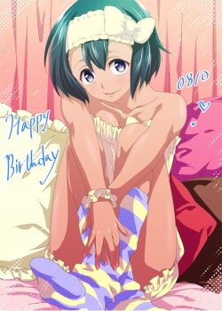 1girl bare_shoulders blush check_clothing clothing_request daitoku_junna dark-skinned_female dark_skin feet hairband happy_birthday ikuhashi_muiko looking_at_viewer loungewear purple_eyes robotics;notes science_adventure short_hair sitting smile socks solo striped_clothes striped_socks