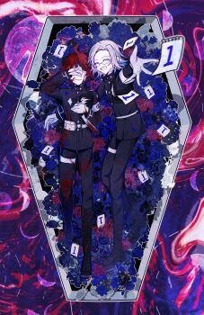 2boys :d absurdres ahoge aotsuki_eito armband belt black_streaks blood blood_on_clothes blood_on_gloves bloody_knife chinese_commentary coffee covering_own_eyes crying evil_smile flower_bed full_moon gakuran geta gloves grey_hair highres knife last_defense_academy_school_uniform lying male_focus mizongwenwu moon multicolored_hair multiple_boys on_back open_mouth outstretched_arm outstretched_hand paper red_hair school_uniform short_hair smile spoilers streaked_hair sumino_takumi the_hundred_line_-last_defense_academy- white_armband white_belt white_gloves
