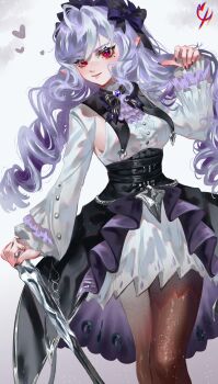 1girl absurdres artist_logo ascot black_bow black_nails black_pantyhose black_skirt bow bowtie breasts cane closed_mouth coconuthound commentary cowboy_shot dress english_commentary fingernails hair_bow hand_up heart highres holding holding_cane logo long_sleeves looking_at_viewer medium_breasts multicolored_hair nail_polish overskirt pantyhose pointy_ears purple_ascot purple_bow purple_bowtie purple_hair red_eyes skirt smile solo streaked_hair underbust vivian_banshee white_dress zenless_zone_zero