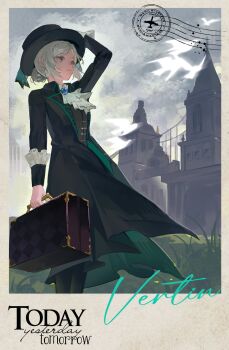 1girl arm_up ascot bird black_hat black_vest boater_hat border brown_border character_name coat collared_shirt commentary english_commentary english_text feet_out_of_frame grass grey_eyes grey_hair grey_sky hair_bun hand_on_headwear hat highres holding holding_suitcase hydrogen_fish looking_up outdoors overcast postmark reverse:1999 shirt short_hair single_side_bun sky solo standing suitcase tower vertin_(reverse:1999) vest waistcoat white_ascot white_bird white_shirt