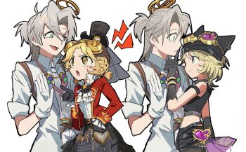 Rule 34 | 2boys, 2girls, :d, :o, animal hat, ascot, black bow, black bowtie, black gloves, black hat, black shorts, black skirt, blonde hair, blue eyes, bow, bowtie, cat hat, coat, couple, crop top, dual persona, eye contact, fang, frilled ascot, frilled shirt collar, frills, gloves, goggles, goggles around neck, goggles on head, goggles on headwear, grey hair, half updo, hat, hetero, highres, identity v, jacket, lace, lace gloves, light smile, looking at another, luca balsa, luca balsa (paranormal detective), medium hair, multiple boys, multiple girls, necktie, nt 26, official alternate costume, open mouth, ponytail, purple-tinted eyewear, purple eyes, purple necktie, red jacket, short hair, short twintails, shorts, single hair intake, skirt, smile, tinted eyewear, tracy reznik, tracy reznik (lock core), tracy reznik (lockheart), twintails, white coat, white gloves, wide-eyed, yellow eyes