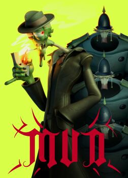 1boy 3d absurdres character_name cigarette coat colored_skin glitch_productions green_skin hat highres mud_(gaslight_district) official_art police police_uniform red_eyes smoking teeth the_gaslight_district zombie