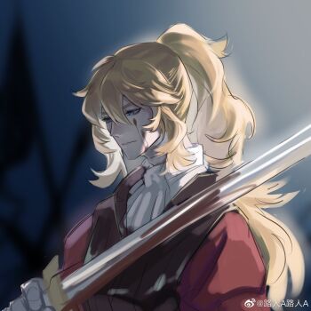 1boy ascot black_vest blonde_hair blood blood_on_face bloody_weapon blue_eyes blurry blurry_background chinese_commentary closed_mouth commentary_request crabwzzzz erhardt_(octopath_traveler) expressionless flag gloves hair_between_eyes highres holding holding_sword holding_weapon jacket long_hair male_focus octopath_traveler octopath_traveler_i ponytail red_jacket shirt sidelocks solo sword upper_body vest watermark wavy_hair weapon weibo_watermark white_ascot white_gloves white_shirt