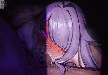 1boy 1girl blush commentary cum cum_in_mouth cum_in_nose cum_overflow english_commentary fellatio full-face_blush gem hair_flaps hair_over_one_eye hetero highres hololive hololive_english jewel_under_eye koseki_bijou mr_thecatman nude oral paid_reward_available penis purple_eyes purple_gem purple_hair sidelocks solo_focus stray_pubic_hair sweat swept_bangs testicles uncensored virtual_youtuber