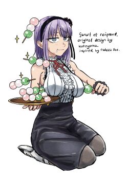 1girl absurdres armpits bare_shoulders blue_eyes breasts dagashi_kashi dango food highres large_breasts looking_at_viewer medium_hair purple_hair reiquant seiza shidare_hotaru sitting skirt solo wagashi white_background
