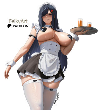 1girl anger_vein black_hair black_skirt breasts character_request commentary copyright_request covered_erect_nipples cowboy_shot drink english_commentary feikyart glass heart_pasties highres holding holding_tray large_breasts looking_at_viewer maid maid_headdress pasties simple_background skindentation skirt solo thighhighs topless_female tray white_background white_thighhighs