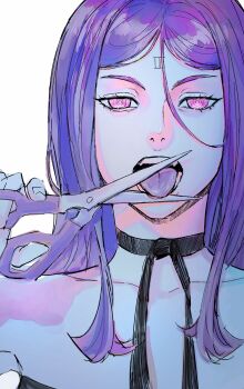 1girl bare_shoulders collarbone drag-on_dragoon drag-on_dragoon_3 forehead_tattoo hair_between_eyes highres holding holding_scissors long_hair neck_ribbon open_mouth purple_eyes purple_hair ribbon roman_numeral scissors solo tattoo three_(drag-on_dragoon) tongue tongue_out upper_body white_background zemzk