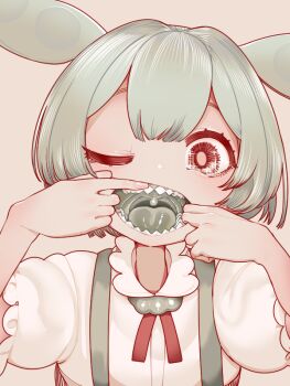 1girl brown_eyes colored_tongue commentary f_tabiaki green_hair green_tongue looking_at_viewer mouth_pull one_eye_closed open_mouth sharp_teeth shirt solo suspenders teeth tongue upper_body uvula voicevox zundamon
