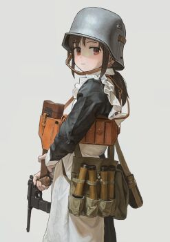 1girl absurdres apron black_dress combat_helmet dress explosive garoppui grenade gun hand_grenade handgun helmet highres looking_at_viewer looking_back maid mauser_c96 original shoulder-stocked_handgun smile solo stahlhelm stick_grenade stielhandgranate trigger_discipline weapon white_apron