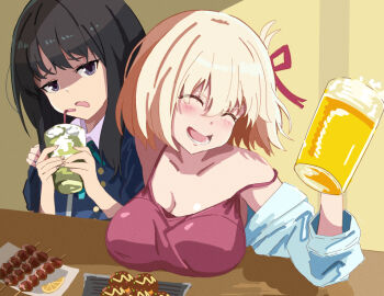 Rule 34 | 2girls, :d, ^ ^, arm around shoulder, beer mug, black hair, blonde hair, blush, breast rest, breasts, camisole, cleavage, closed eyes, collarbone, commentary request, cup, drinking straw, food, holding, holding cup, inoue takina, large breasts, long hair, lycoris recoil, lycoris uniform, mug, multiple girls, nishikigi chisato, open mouth, purple eyes, red camisole, short hair, smile, strap slip, takoyaki, void (k-t-m-777), yakitori