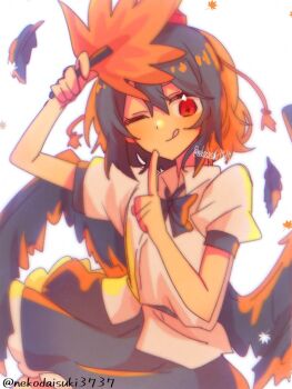 Rule 34 | 1girl, black bow, black bowtie, black feathers, black hair, black skirt, black wings, bow, bowtie, feathers, finger to mouth, frills, hair between eyes, hashtag-only commentary, hat, hauchiwa, index finger raised, leaf, looking at viewer, maple leaf, medium hair, nekodaisuki3737, one eye closed, red eyes, shameimaru aya, shirt, short sleeves, skirt, smile, solo, tokin hat, tongue, tongue out, touhou, twitter username, upper body, white background, white shirt, wings