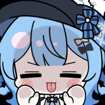 1girl :3 =_= animated animated_gif artist_collaboration black_capelet black_hat blue_hair blunt_bangs blush_stickers bow braid braided_hair_rings capelet chibi chibi_only chunye_haruya closed_eyes hair_bow hair_rings hat licking licking_screen lowres mahou_shoujo_no_majo_saiban nekoyashiki_riri no_nose short_hair simple_background solo tachibana_sherry tongue tongue_out transparent_background upper_body