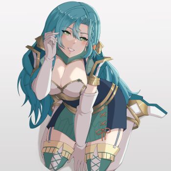 1girl absurdres aqua_hair armor bow braid breastplate breasts chloe_(fire_emblem) cleavage earrings elbow_gloves fire_emblem fire_emblem_engage gloves green_eyes highres jewelry nintendo orange_bow shoulder_armor side_braid teardrop_earrings white_gloves zerocgm