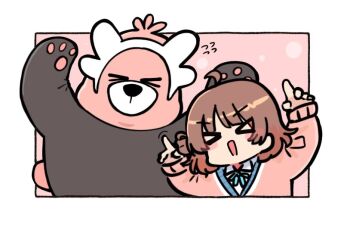 &gt;_&lt; 1girl :d ahoge arms_up bewear blue_ribbon blush_stickers border brown_hair cardigan chibi closed_eyes collared_shirt commentary_request crossover flying_sweatdrops gakuen_idolmaster gen_7_pokemon hair_bun hanami_ume idolmaster kawamochi_(kawauti919) long_sleeves neck_ribbon nintendo open_mouth pink_background pink_cardigan pokemon pokemon_(creature) puffy_long_sleeves puffy_sleeves ribbon shirt single_side_bun sleeves_past_wrists smile upper_body white_border white_shirt xd