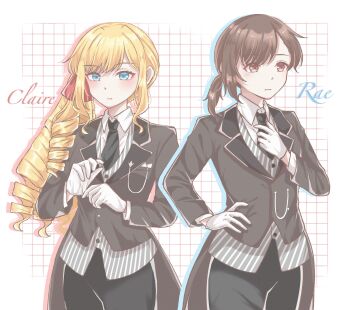 2girls absurdres acchuu_(achu10273) adjusting_clothes adjusting_necktie alternate_costume alternate_hairstyle black_hair black_jacket black_necktie black_pants blonde_hair blue_eyes blush butler character_name claire_francois closed_mouth collared_shirt commentary_request cowboy_shot crossdressing crossdressing_(ftm) drill_hair drill_ponytail drop_shadow expressionless gloves grid_background hair_ribbon hand_on_own_hip hand_up highres jacket lapels layered_sleeves long_hair long_sleeves multiple_girls necktie notched_lapels pants parted_bangs ponytail rae_taylor red_eyes red_ribbon ribbon shirt short_hair short_ponytail side_ponytail small_sweatdrop standing striped_clothes swept_bangs tailcoat vertical-striped_clothes vest waistcoat watashi_no_oshi_wa_akuyaku_reijou white_background white_gloves white_shirt wing_collar
