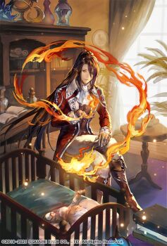 Rule 34 | 1boy, 1other, ascot, baby, bird, blanket, book, book stack, bookshelf, boots, bottle, brown footwear, brown hair, brown vest, coat, copyright notice, cradle, crossed legs, curtained hair, curtains, fire, fold-over boots, full body, globe, gloves, grey eyes, grey gloves, hair between eyes, hand up, haruko (haruhello), highres, knee boots, lapels, light particles, long hair, looking at another, magic, male focus, multicolored hair, notched lapels, official art, open book, open clothes, open coat, open hand, pants, plant, ponytail, potted plant, purple hair, pyrokinesis, red coat, romancing saga re;universe, saga, sidelocks, sitting, sleeve cuffs, smile, stool, streaked hair, table, under covers, vase, very long hair, vest, white ascot, white pants, window, wooden floor