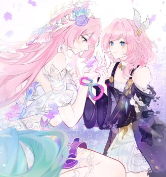 2girls aqua_hair bare_shoulders blue_eyes breasts coat commentary cyrene_(aedes_elysiae)_(honkai:_star_rail) cyrene_(honkai:_star_rail) cyrene_(ripples_of_past_reverie)_(honkai:_star_rail) dress dual_persona english_commentary flower hair_flower hair_ornament highres honkai:_star_rail honkai_(series) jewelry large_breasts long_hair multicolored_hair multiple_girls necklace nem00chiiya pink_hair pointy_ears purple_coat purple_eyes puzzle_piece small_breasts two-tone_hair very_long_hair white_dress white_hair