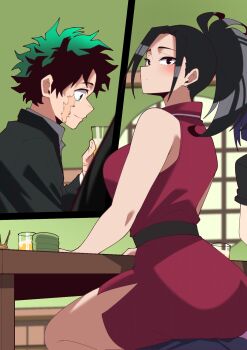 Rule 34 | 2girls, aged up, black dress, black hair, black shirt, boku no hero academia, breasts, cup, dress, drinking glass, facial scar, green bean 1498, green eyes, green hair, highres, holding, holding cup, jiro kyoka, large breasts, medium hair, midoriya izuku, multiple girls, ponytail, red dress, scar, scar on cheek, scar on face, shirt, short hair, sitting, sleeveless, sleeveless dress, yaoyorozu momo