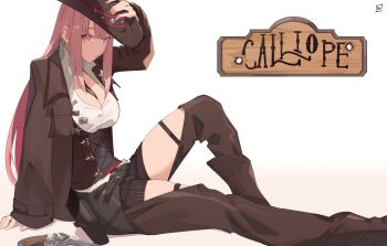 1girl boots breasts character_name cleavage commentary cowboy_boots cowboy_hat cowboy_western cowgirl_(western) english_commentary gun handgun hat highres hololive hololive_english long_hair mori_calliope mori_calliope_(sheriff) ninochuu official_alternate_costume pink_eyes pink_hair revolver sheriff_(western) sheriff_badge simple_background solo virtual_youtuber weapon white_background
