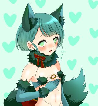 1girl animal_ears bare_shoulders blush bow braid braided_bangs breasts commentary_request cosplay elbow_gloves fate/grand_order fate/requiem fate_(series) fur-trimmed_gloves fur_collar fur_trim gloves green_eyes green_gloves green_hair heart heart_background highres koharu_f_riedenflaus mash_kyrielight mash_kyrielight_(dangerous_beast) mash_kyrielight_(dangerous_beast)_(cosplay) moco_(tkfdmtkw) navel o-ring red_bow revealing_clothes short_hair small_breasts solo sweatdrop tail thighhighs wolf_ears wolf_tail