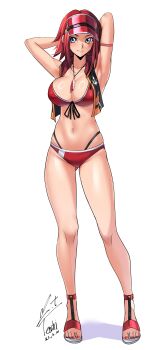 1girl absurdres arm_behind_head armpits artist_name bikini blue_eyes breasts cleavage code_geass commentary_request dated feet highres jacket jewelry kouzuki_kallen large_breasts looking_at_viewer multicolored_jacket navel necklace red_bikini red_hair red_nails sandals short_hair simple_background solo stomach swimsuit two-tone_jacket visor_cap white_background yoo_tenchi