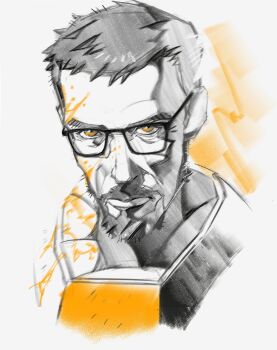 Rule 34 | 1boy, beard, cropped shoulders, facial hair, glasses, gordon freeman, grandguerrilla, half-life (series), hashtag-only commentary, highres, looking at viewer, male focus, mustache, orange eyes, short hair, simple background, solo, spot color, white background