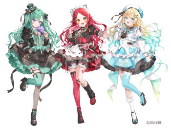 Rule 34 | 3girls, aizawa ema, aqua hair, asymmetrical footwear, asymmetrical legwear, beret, black hat, black leg warmers, blonde hair, blue eyes, blue thighhighs, bow, box, braid, closed mouth, commentary request, elbow gloves, fishnet pantyhose, fishnets, full body, gift, gift box, gloves, gradient hair, green hair, green thighhighs, hair bow, hair ornament, hairclip, hand up, hat, heart-shaped box, holding, holding gift, leg warmers, long hair, long sleeves, looking at viewer, maid headdress, mini hat, mini top hat, mismatched footwear, mismatched legwear, multicolored hair, multiple girls, nekota tsuna, official art, open mouth, orange eyes, pantyhose, puffy long sleeves, puffy short sleeves, puffy sleeves, purple eyes, reaching, reaching towards viewer, red hair, red thighhighs, sakura shiori, sample watermark, shirt, short sleeves, simple background, skirt, smile, socks, standing, standing on one leg, striped clothes, striped thighhighs, thigh strap, thighhighs, tongue, tongue out, top hat, uneven legwear, virtual youtuber, vspo!, watermark, white background, white socks, white wrist cuffs, wrist cuffs, yakumo beni