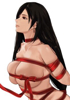 1girl areola_slip arms_behind_back bad_id bad_pixiv_id black_hair bound breasts collarbone commentary completely_nude earrings english_commentary final_fantasy final_fantasy_vii highres j@ck jewelry large_breasts long_hair low-tied_long_hair naked_ribbon nude parted_lips red_eyes red_ribbon restrained ribbon ribbon_bondage simple_background skindentation solo swept_bangs tifa_lockhart upper_body white_background