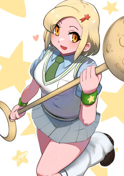Rule 34 | 1girl, angol mois, blonde hair, cardigan, commentary request, hair ornament, hairpin, highres, holding, holding wand, john (a2556349), kemono friends, kemono friends 3, keroro gunsou, looking at viewer, necktie, school uniform, shirt, shoes, short hair, simple background, skirt, socks, solo, star (symbol), wand, yellow eyes