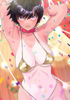1girl absurdres arion_canvas arm_behind_head armpits bikini black_hair breasts collar confetti gold_bikini highres lipstick looking_at_viewer makeup navel one-piece_swimsuit original parted_lips purple_eyes red_collar short_hair solo swimsuit tan