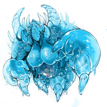 absurdres arthropod_limbs blue_eyes blue_skin breasts colored_skin completely_nude conjoined crotch extra_breasts extra_eyes fat fat_woman fukurou_(owl222) full_body giant giantess gigantic_breasts highres inverted_nipples leaning_forward looking_at_viewer monster_girl navel nude original serious shoulder_spikes simple_background slime_(substance) slime_girl solid_eyes spikes stomach tentacles white_background