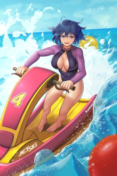 Rule 34 | 1girl, artist name, barefoot, black hair, blue eyes, breasts, buoy, cleavage, cloud, commission, commissioner upload, full body, highleg springsuit, highres, hybridmink, jet ski, kawasaki (company), legs, original, patreon username, signature, sky, smile, standing, swimsuit, teeth, toriyama minami (gunarmdyne), upper teeth only, water, watercraft