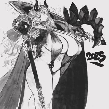 1girl 2025 asymmetrical_dual_wielding breasts cape chinese_zodiac cleavage demon_horns dual_wielding earrings feet_out_of_frame full_body greatsword greyscale highres holding holding_scepter holding_sword holding_weapon hoop_earrings horns huge_weapon jewelry keziedra large_breasts long_pointy_ears monochrome navel original over_shoulder pointy_ears profile rod_of_asclepius scepter sideboob slingshot_swimsuit snake standing swimsuit sword sword_over_shoulder veil very_long_fingernails weapon weapon_over_shoulder year_of_the_snake