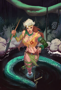 1girl armlet bone_necklace bra breasts brown_hair cleavage commentary english_commentary green_bra green_eyes green_loincloth green_tail headband highres holding holding_polearm holding_weapon jewelry jungle large_breasts long_hair looking_at_viewer looking_up marvel marvel_rivals midriff multicolored_hair nature navel official_alternate_costume outdoors parted_lips polearm red_lips rogue_(x-men) shirt signature solo spear tail thigh_strap toned toned_female torn_clothes torn_shirt underwear vontvirus wading weapon white_hair x-men yellow_shirt