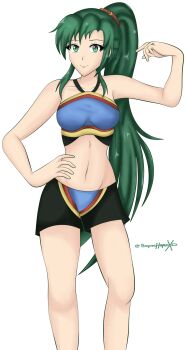 1girl absurdres ahoge armpit_crease armpits artist_name boyshort_panties bra breasts clenched_hands collarbone earrings female_focus fire_emblem fire_emblem_warriors green_eyes green_hair groin hair_ornament halterneck hand_on_own_hip hand_up happy highres intelligent_systems jewelry knees legs long_hair looking_at_viewer lyn_(fire_emblem) matching_hair/eyes matching_underwear medium_breasts midriff navel neck nintendo official_alternate_costume official_underwear panties pointing pointing_at_self ponytail print_bra print_panties sidelocks simple_background smile sonicheroxd sports_bra standing stomach thighs underwear underwear_only white_background