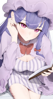 1girl book bow bowtie breasts cleavage commentary_request dress expressionless frills from_above hair_bow hat highres holding holding_book large_breasts light_blush long_hair looking_at_viewer mob_cap open_book patchouli_knowledge purple_eyes purple_hair red_bow red_bowtie robe signature sitting solo striped_clothes striped_dress touhou twitter_username vertical-striped_clothes vertical-striped_dress watermark yuwano_(yuwanoonsen)