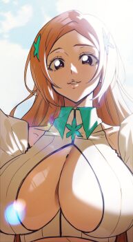 1girl absurdres bleach bleach:_sennen_kessen-hen breasts brown_eyes cleavage cleavage_cutout clothing_cutout detached_sleeves female_focus hair_ornament highres inoue_orihime large_breasts long_hair n_(nauki_11) orange_hair parted_lips puffy_sleeves snowflake_hair_ornament