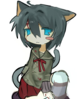 1girl :3 absurdres ahoge animal_ears black_hair blood blood_on_clothes blood_on_face blue_eyes blush_stickers bow cat_ears cat_girl cat_tail commentary_request flat_chest grey_sailor_collar highres jitome leg_up looking_at_viewer miruki_(user_vwfg2738) original red_hair red_skirt sailor_collar school_uniform short_hair single_blush_sticker single_empty_eye skirt solo squatting tail white_background