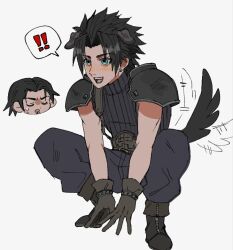 Rule 34 | !, !!, 2boys, angeal hewley, animal ears, armor, belt, black facial hair, black footwear, black gloves, black hair, black pants, black sweater, blue eyes, blush stickers, boots, chibi, chibi inset, closed eyes, crisis core final fantasy vii, dog boy, dog ears, dog tail, earrings, facial hair, fangs, final fantasy, final fantasy vii, gloves, grey background, happy, jewelry, kemonomimi mode, male focus, mtr dayoo, multiple boys, open mouth, pants, parted bangs, pauldrons, short hair, shoulder armor, sigh, simple background, sleeveless, sleeveless sweater, sleeveless turtleneck, smile, spiked hair, squatting, stubble, stud earrings, suspenders, sweatdrop, sweater, tail, tail wagging, turtleneck, turtleneck sweater, zack fair