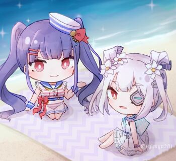 Rule 34 | 2girls, beach, beach towel, bikini, blue sailor collar, bow, bracelet, chibi, closed mouth, day, dixie cup hat, double bun, dress, eyepatch, flower, grey hair, hair bun, hair flower, hair ornament, hairclip, hairpin, hat, heaven burns red, jewelry, kneeling, long hair, looking at viewer, military hat, mole, mole under eye, multiple girls, neckerchief, ocean, official alternate costume, open mouth, outdoors, purple hair, red bow, red eyes, ribbon, riimia, sailor, sailor collar, sailor dress, sailor hat, sand, satsuki mari, see-through clothes, see-through skirt, shirt, sidelocks, sitting, skirt, smile, striped bikini, striped clothes, striped shirt, swimsuit, towel, twintails, twitter username, very long hair, water, white flower, white hair, white skirt, wrist cuffs, yamawaki bon ivar