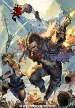 1boy 1girl arcadia blood breasts bryce_boltzmann cigarette cleavage cocking_gun dual_wielding firing flashlight gloves grin gun handgun headset holding monster muzzle_flash neverdead original pistol ponytail running shoulder_pads smile takayama_toshiaki teeth torn_clothes weapon wings