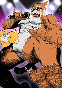 1boy abs digimon digimon_(creature) etemon fangs holding holding_microphone microphone monkey monzaemon muscular muscular_male nosame open_mouth purple_background solo stage_lights stuffed_animal stuffed_toy sunglasses tongue tongue_out