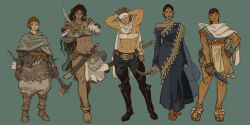 Rule 34 | 5girls, abs, armor, arrow (projectile), axe, aztec, battle axe, black hair, bow (weapon), brown hair, cape, cromwaits, earrings, facepaint, highres, holding, holding axe, holding weapon, jewelry, knife, long hair, multiple girls, muscular, muscular female, navel, original, short hair, simple background, sword, warrior, weapon