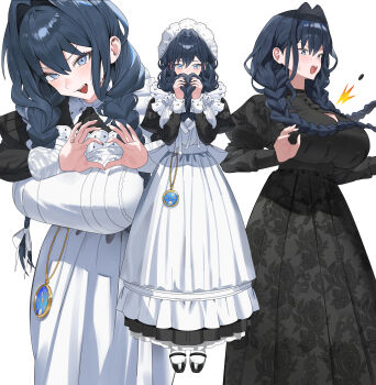 1girl :d absurdres black_dress black_shorts blue_eyes blue_hair blush braid breasts cleavage dress floral_print heart heart_hands highres holding holding_own_hair hololive hololive_english large_breasts long_hair looking_at_viewer maid maid_headdress multiple_views open_mouth ouro_kronii ouro_kronii_(maid) pocket_watch popped_button puffy_sleeves shorts simple_background smile socks teeth twin_braids virtual_youtuber watch white_background white_socks yulmu98999