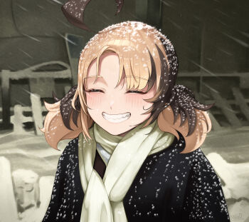1girl absurdres ahoge alternate_costume black_jacket blush brown_hair closed_eyes closed_mouth commentary gigi_murin highres hololive hololive_english husbant_(meme) jacket meme migokami multicolored_hair scarf smile snow snowing solo two-tone_hair two_side_up virtual_youtuber white_scarf